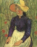 Vincent Van Gogh Young Peasant Woman with Straw Hat Sitting in the Wheat (nn04) USA oil painting artist